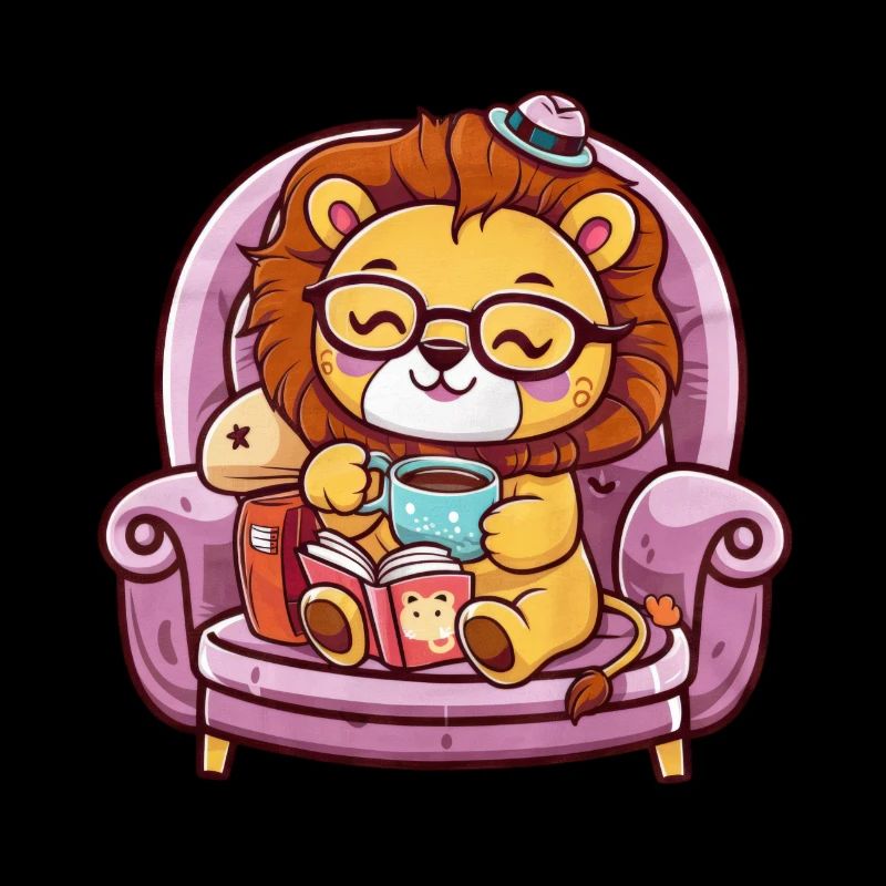 Kawaii Löwe mit Buch, Tee und Brille