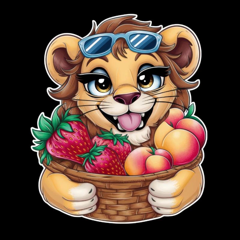 Kawaii Löwe mit Erdbeeren und Pfirsichen