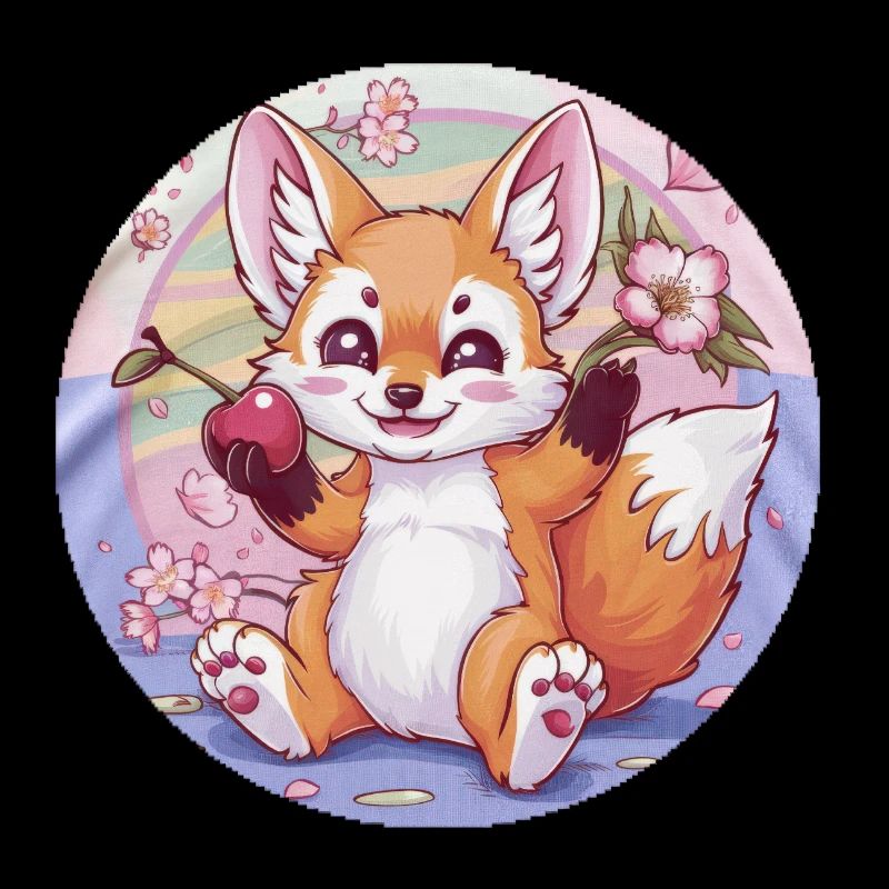 Kawaii Fox with Cherries and Sakura Cherry Blossoms