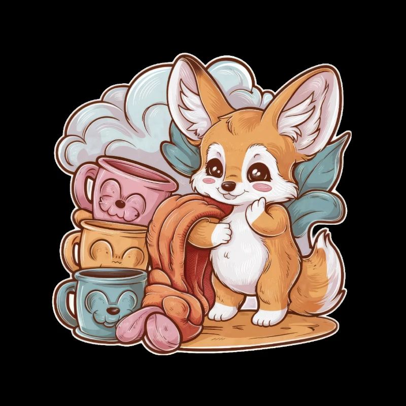 Kawaii Fennec Desert Fox with Cups and Blanket