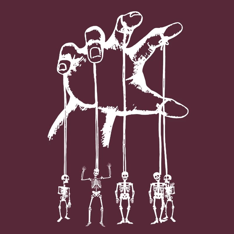 Skeleton marionettes on a hand pulling string over white