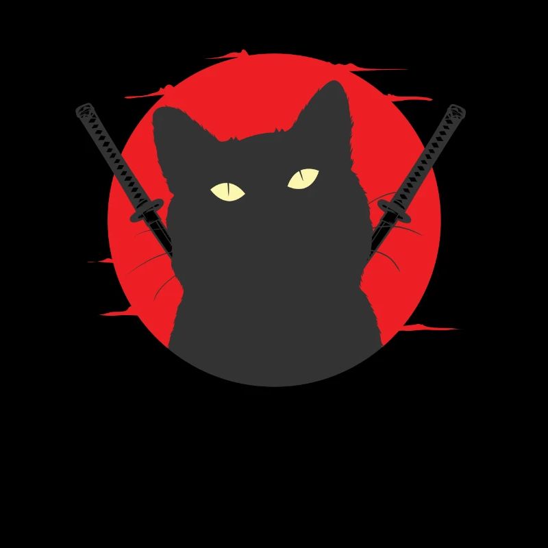 Schwarze Samurai Katze mit Schwerterpaar