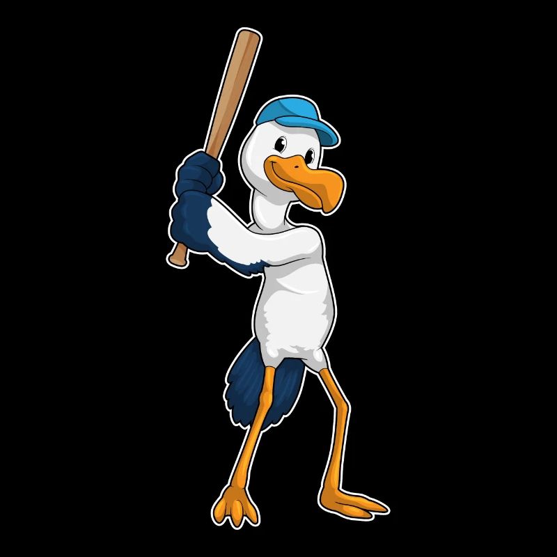 Cigogne jouant au baseball avec une batte de baseball