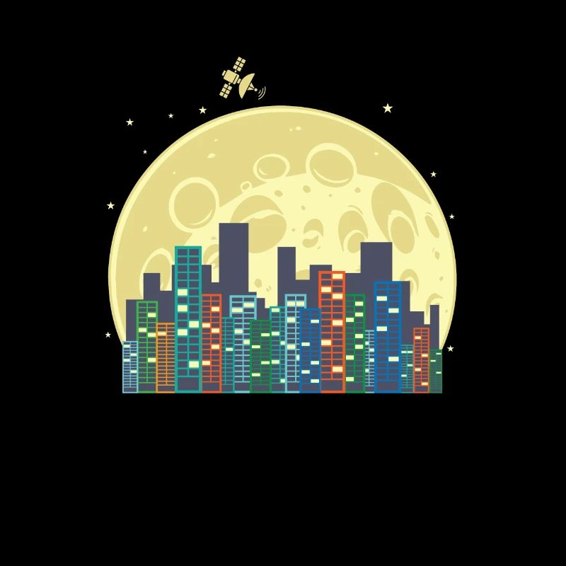 Skyline devant la lune et la ville de construction satellite