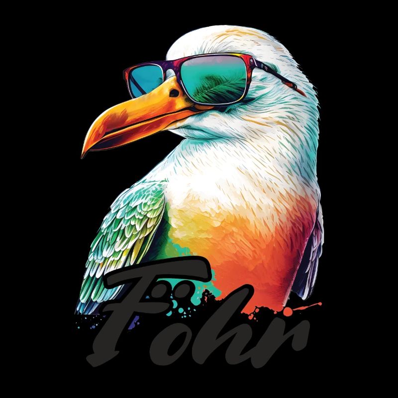 Föhr Urlaub coole bunte Möwe mit Sonnenbrille