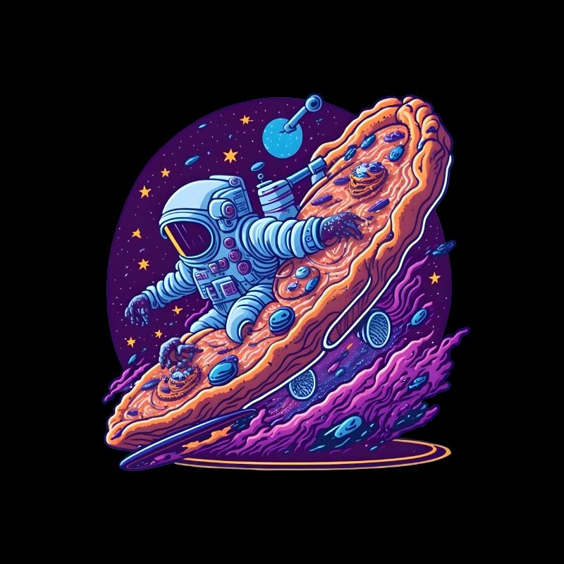 Astronaut reitet mit einer Pizza durch den Weltraum
