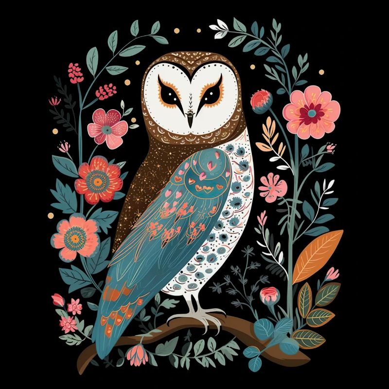 Niedliche Eule Vogel Federn Blumen Muster
