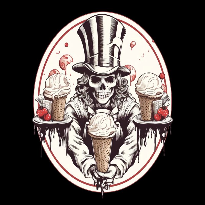 Crâne avec cornet de glace et chapeau haut de forme
