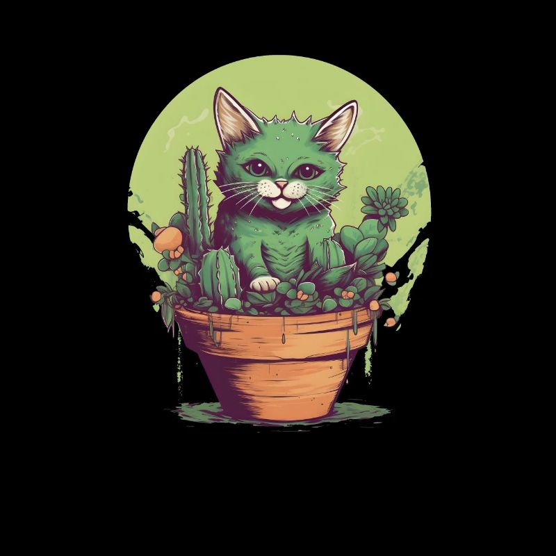 Chat vert en pot avec des plantes vertes
