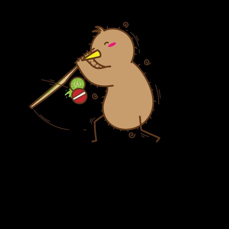 Kiwi plays with stick, bird and fruit