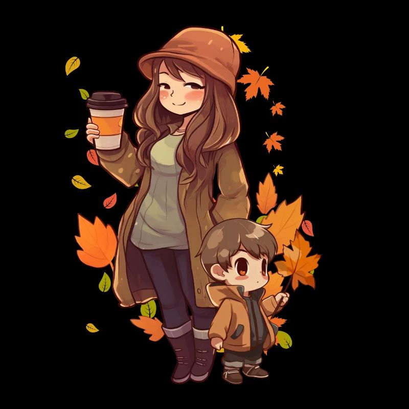 Mutter mit Sohn im Herbst für Kaffeetrinkende Mama