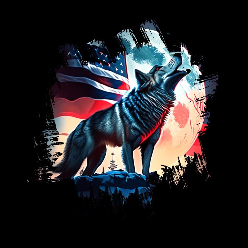 America wolf under Moon with American Flag