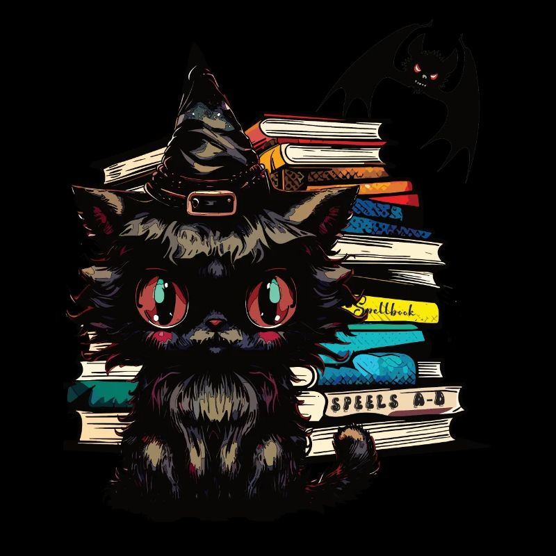 Cat with witch hat, magic books and bat