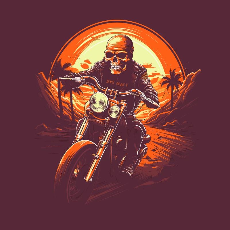 Skeleton On Motorcycle Fire Red Sunset