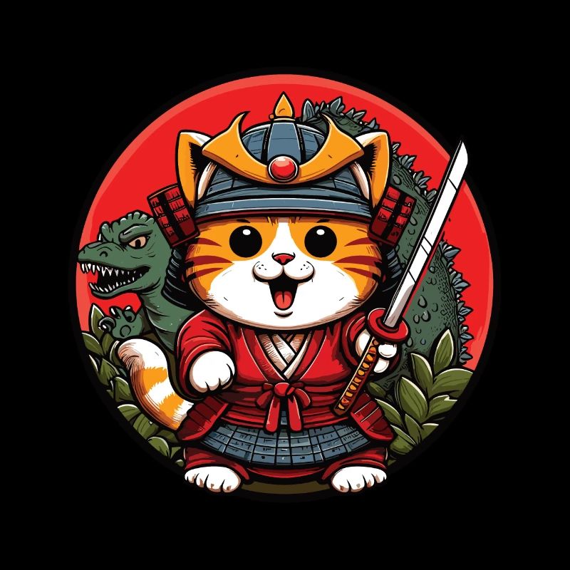 Samurai-Ninja-Katze und Dinosaurier-Monster dahinter