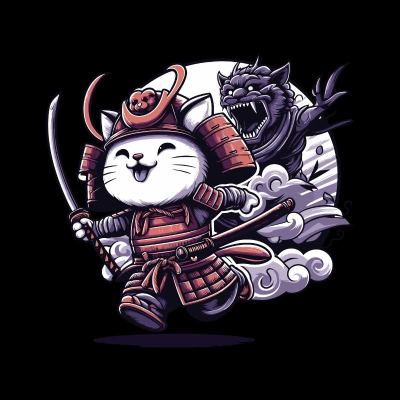 Samurai ninja cat and Monster behind