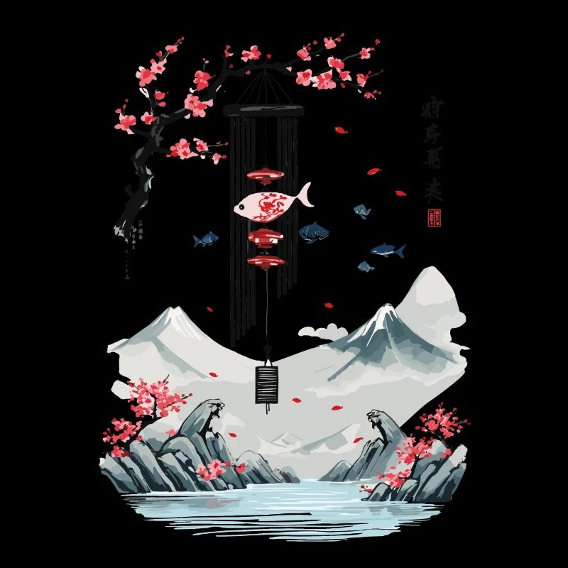 Ukiyo-E Cherry Blossom Poissons Vent Cloches Design