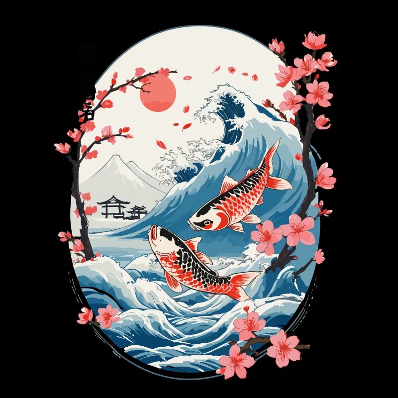 Vintage Ukiyo-E Koi carpe cerisier fleur Design