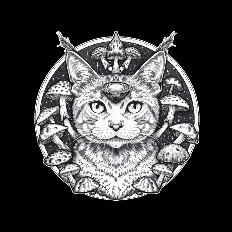 Mystische Katzen in einer Parallelwelt mit Pilzen