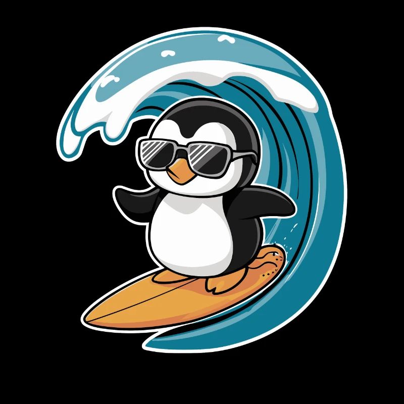 pingouin cool sur une planche de surf sous la vague