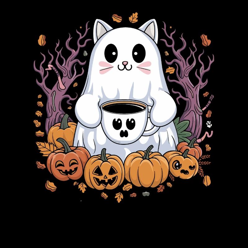 Chat mignon d'Halloween avec du café et des citrouilles