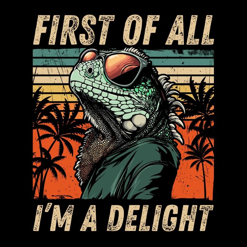 Cheeky Iguana - Retro Sunset Palm Tree Design
