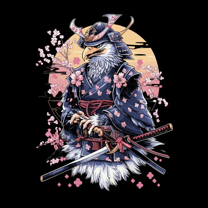 Majestueux aigle samouraï avec fleurs de cerisier et