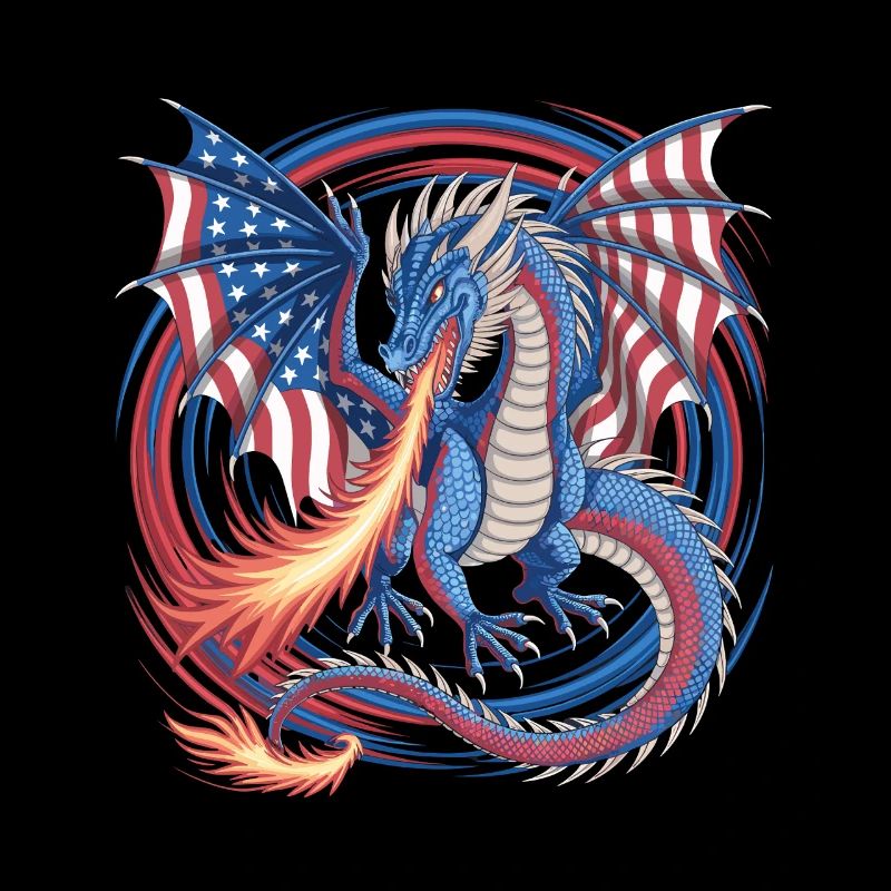 Dragon américain avec drapeau, ailes et feu