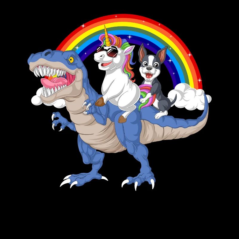 Rainbow Unicorn and Boston Terrier on Dinosaur