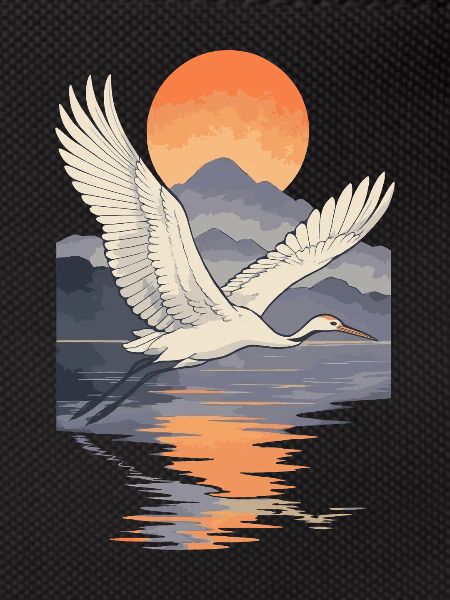 Crane Flying at Sunset Reflection
