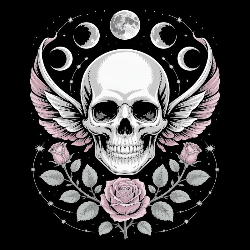 Gothic Totenschädel mit Mondphasen und Rosen Design