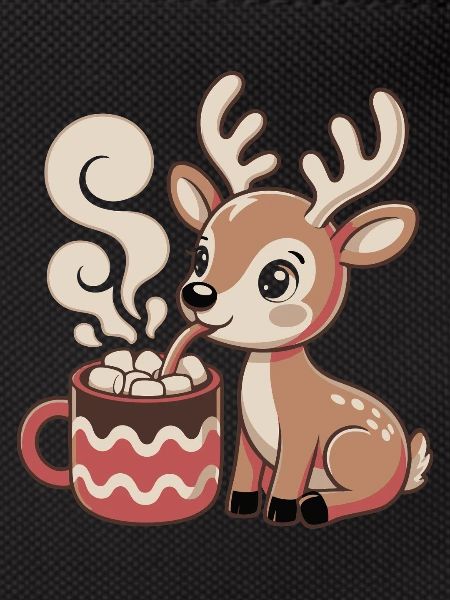 Cuddly deer drinks cocoa