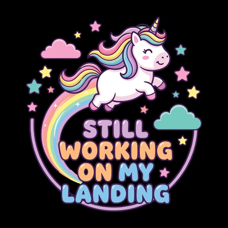 Unicorn Rainbow with Still Working On My Landing