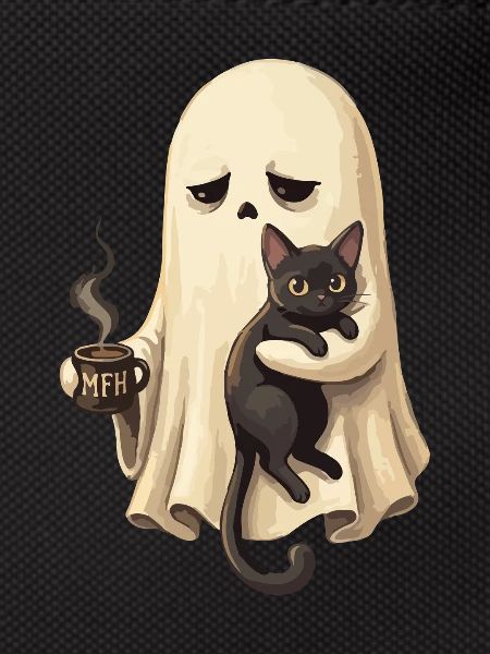 Ghost cat with coffee cup