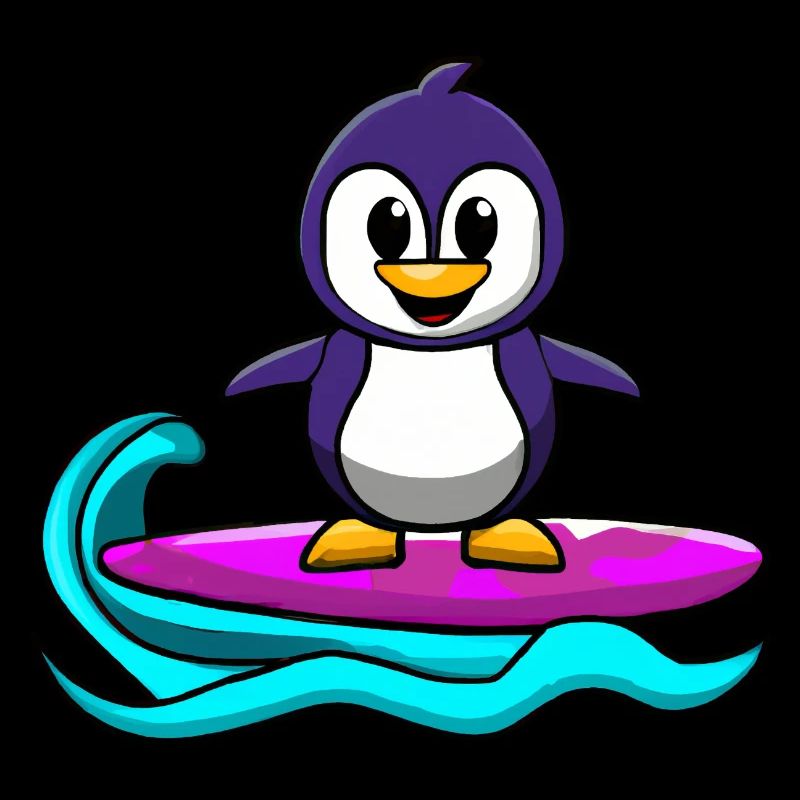 Pingouin kawaii mignon sur une planche de surf