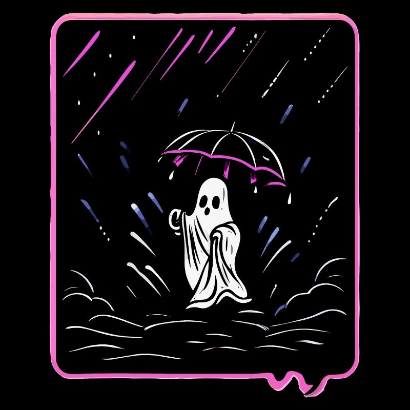 Süßer Geist mit Schirm im Regen Cartoon Style