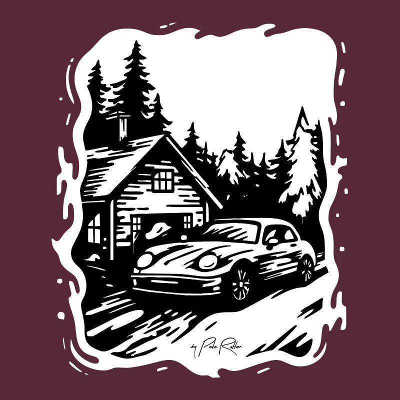 Haus oder Hütte im Wald mit Auto