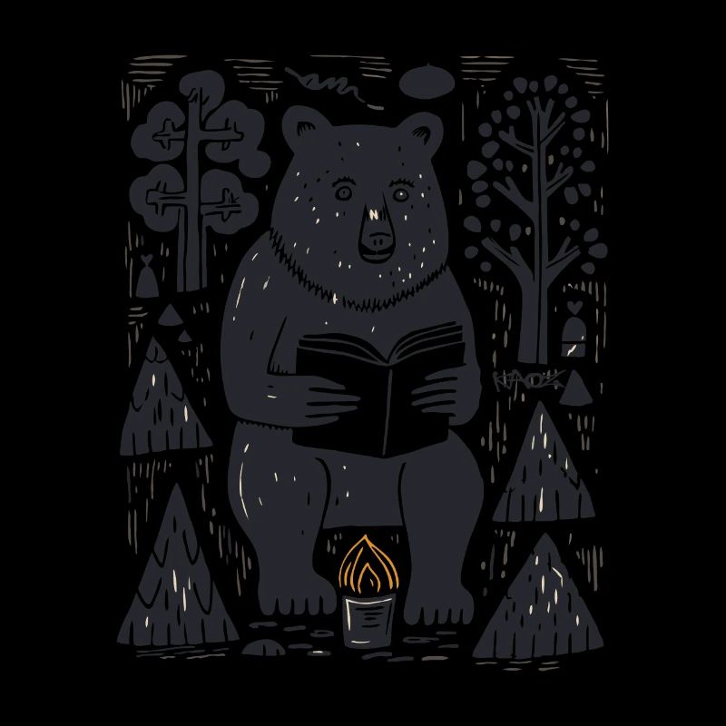 A bear reads a book in the forest