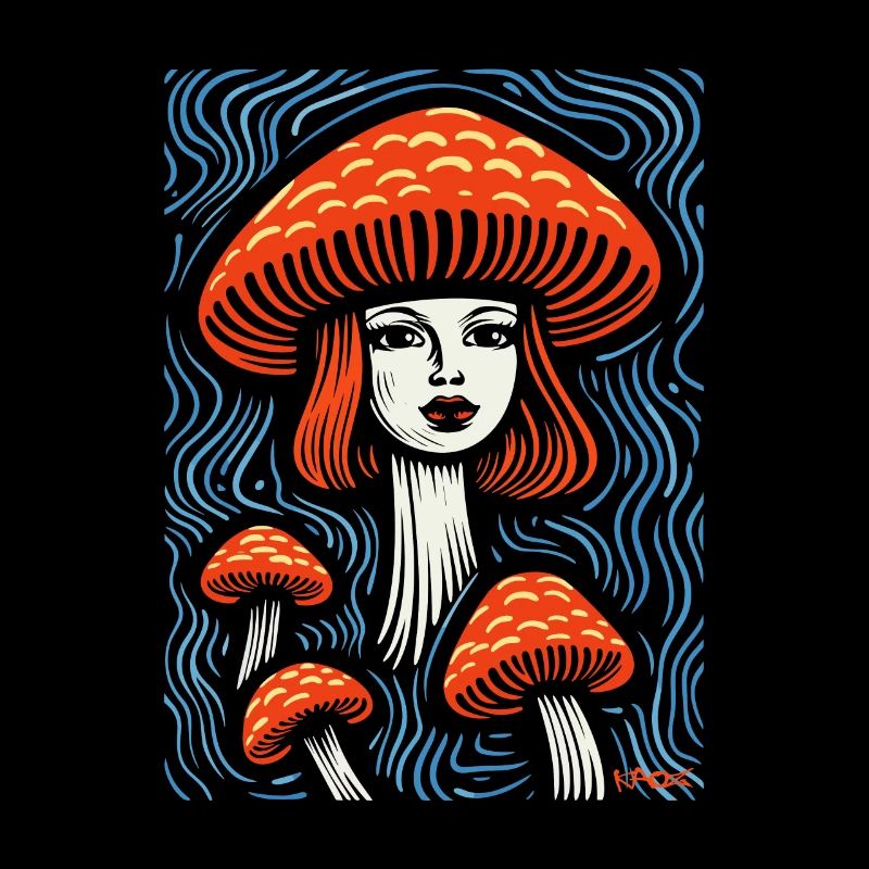 Une dame à tête de champignon avec des champignons