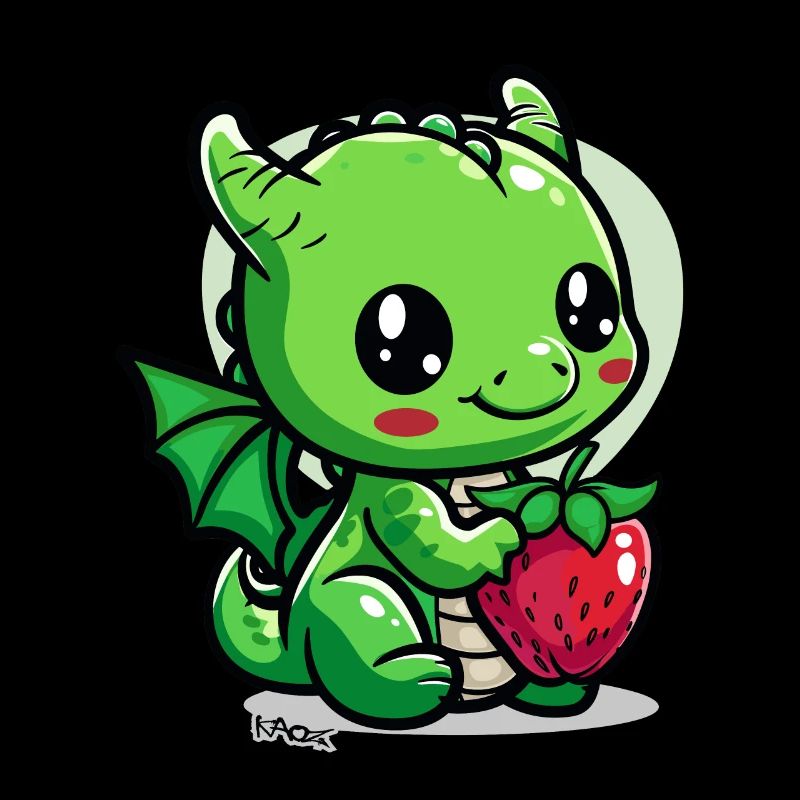 Ein kleiner süßer Drache mit einer Erdbeere