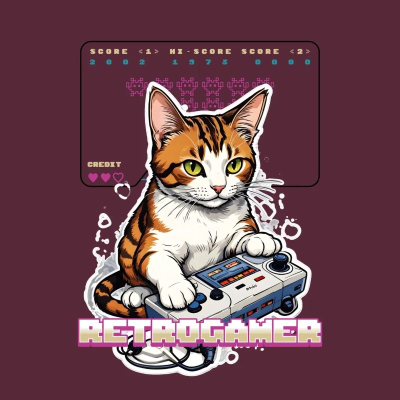 Retro Gaming Katze: Retrogamer mit Controller