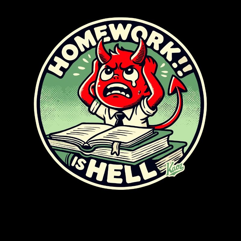 Little devil schoolboy in homework hell