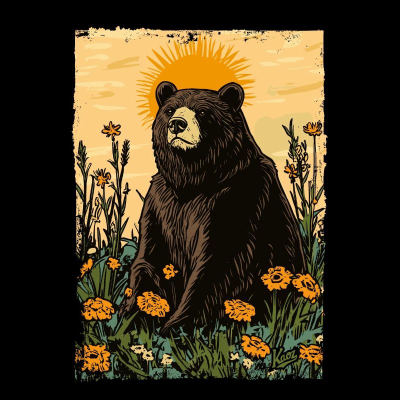 Bär auf sonniger Wiese voller Blumen