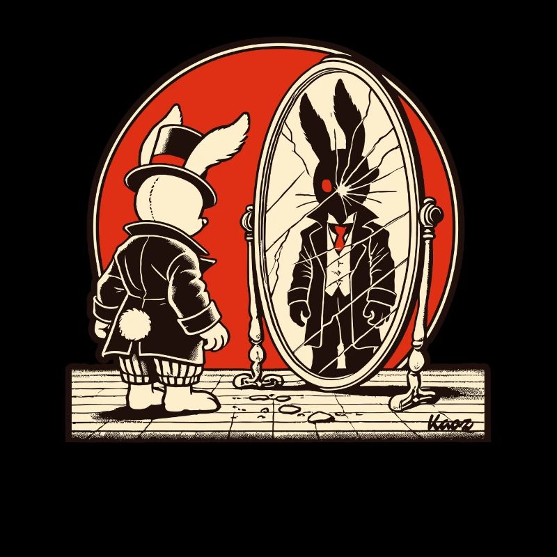 Dark rabbit in front of a broken mirror