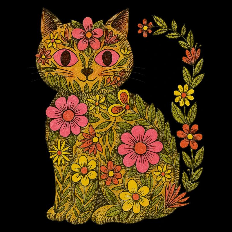 Retro 70s Floral Kitty Cat Garden Boho Art