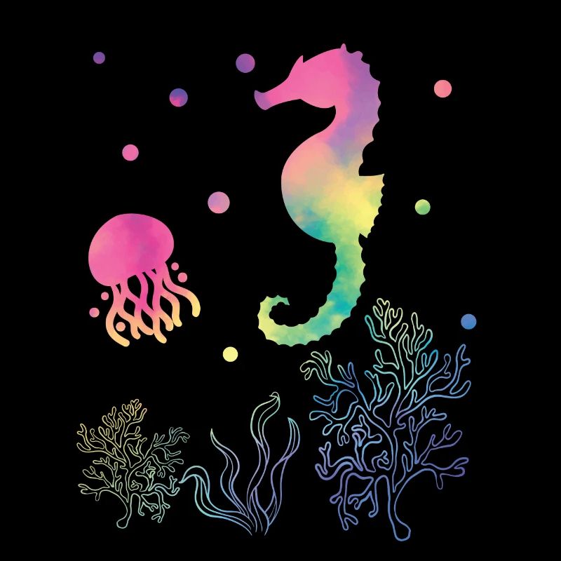 Hippocampe et méduse couleurs arc-en-ciel