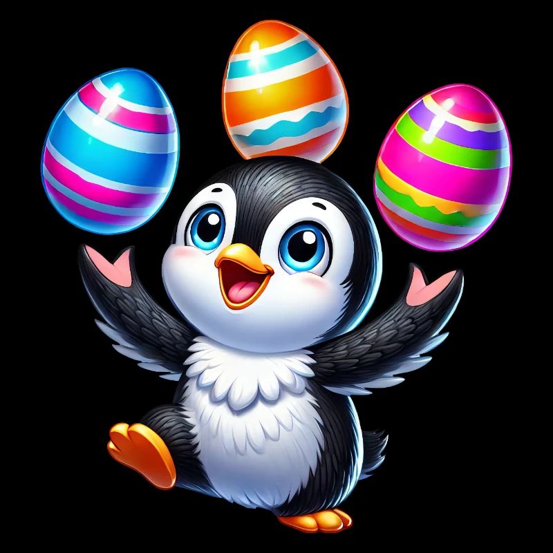 Penguin juggles colorful Easter eggs Easter