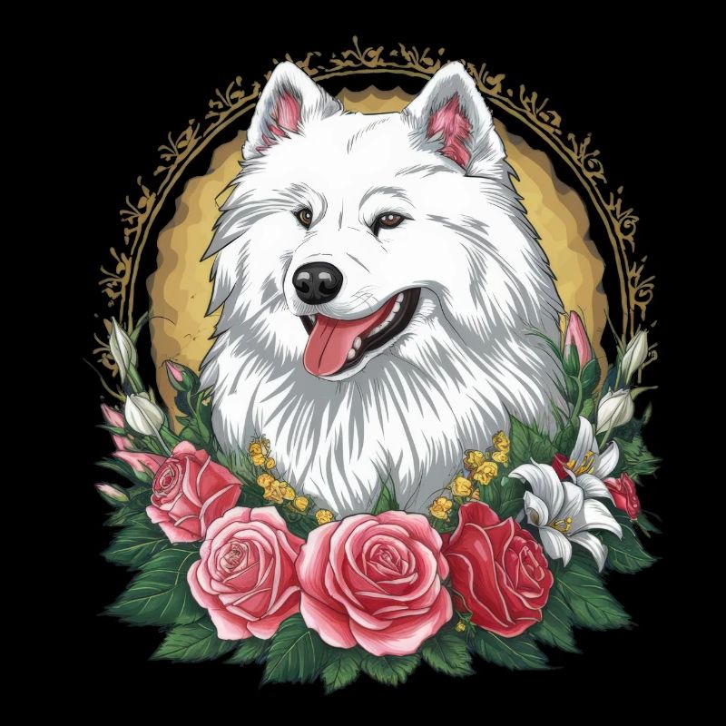 Spitz Samoyède doux aux roses et aux lys