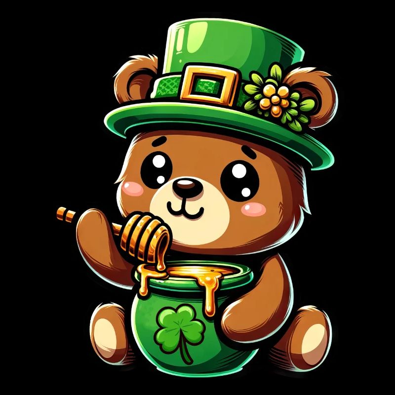 L'ours de la Saint-Patrick en dessin animé mignon mange du miel