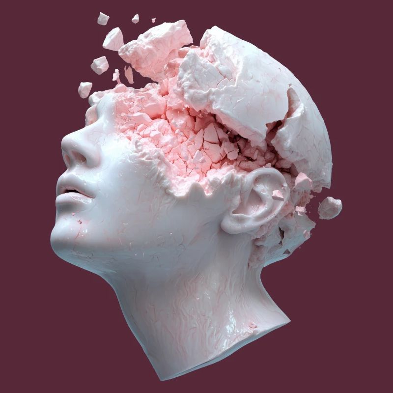 Decaying head, inner thoughts as debris